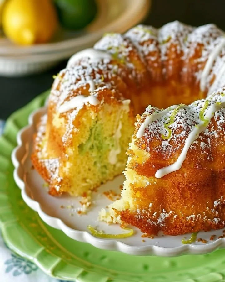 Luscious lemon-lime infusion cake topped with zesty frosting and garnished with lemon slices