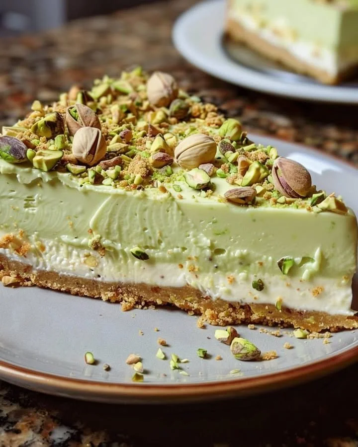 Luxurious pistachio cheesecake topped with crushed nuts and a graham cracker crust.