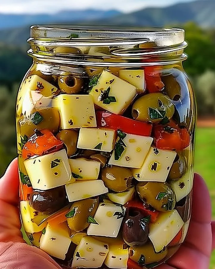 Vibrant platter of marinated cheese and olives, perfect for appetizers.