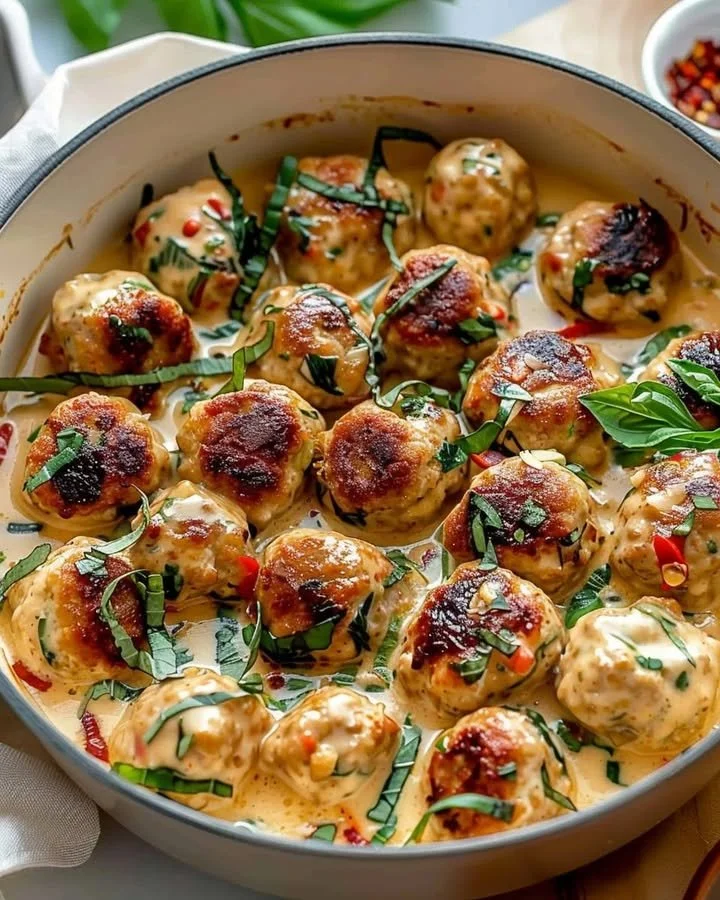 Plate of Marry Me Chicken Meatballs with sauce and herbs