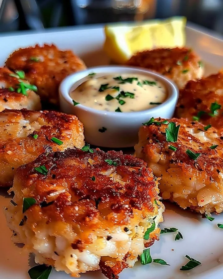 Delicious Maryland crab cakes served with lemon and tartar sauce