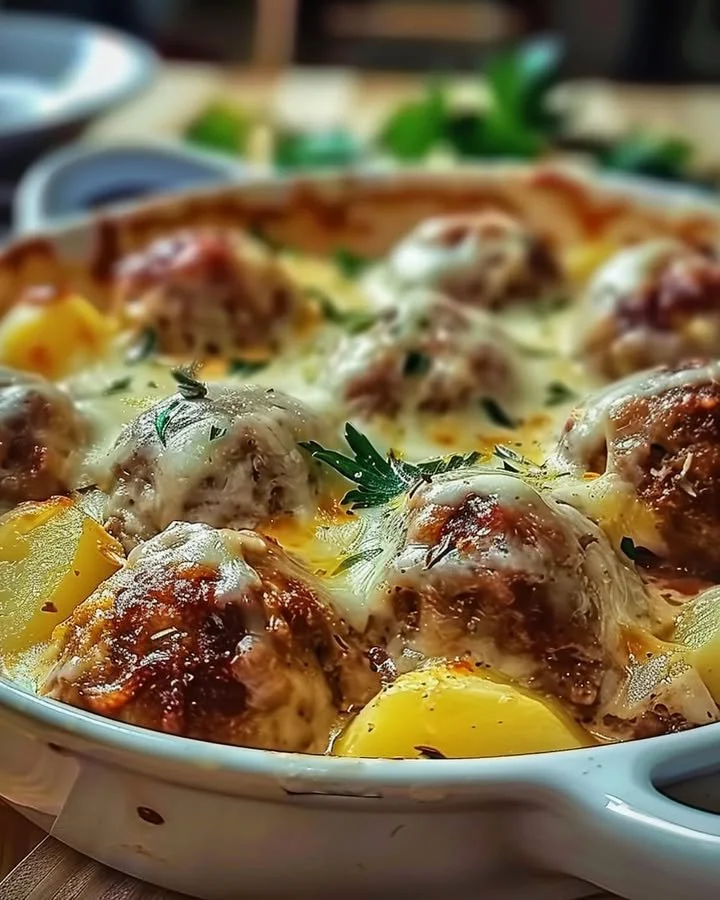 Baked meatballs served with potatoes and cheese in a casserole dish