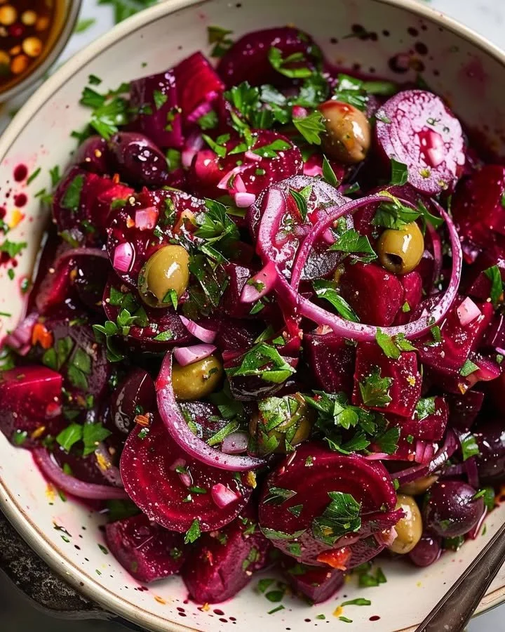 Mediterranean Beetroot and Olive Citrus Salad with vibrant colors and fresh ingredients