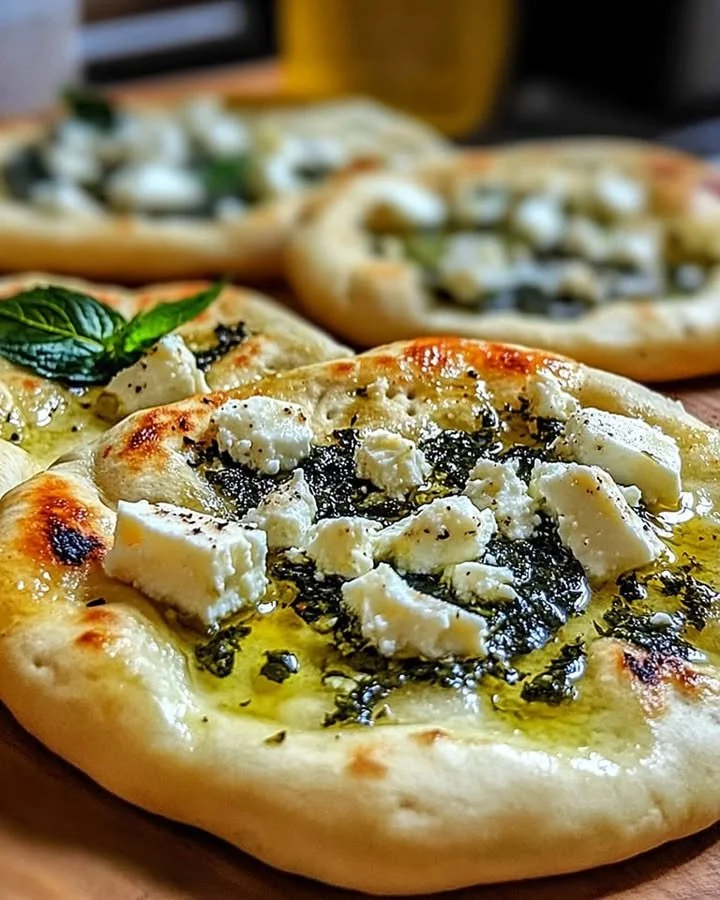 Mediterranean mint and feta stuffed flatbreads served on a plate