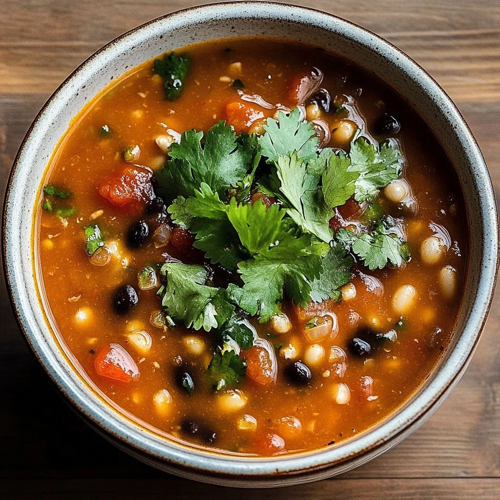 Bowl of Mexican beans and rice soup garnished with cilantro and lime
