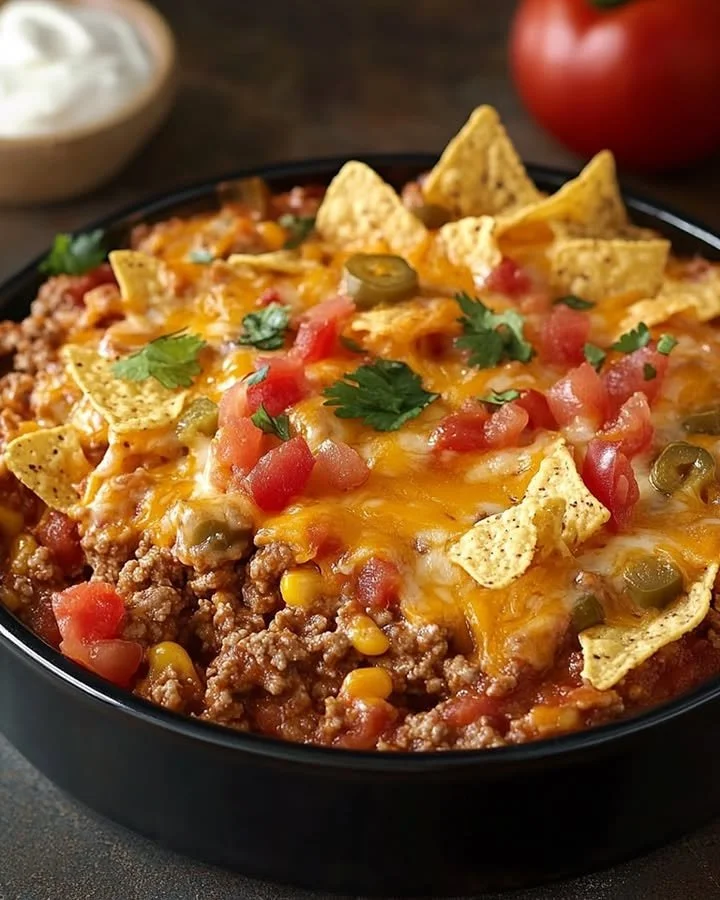 Delicious Mexican Casserole topped with cheese and colorful vegetables