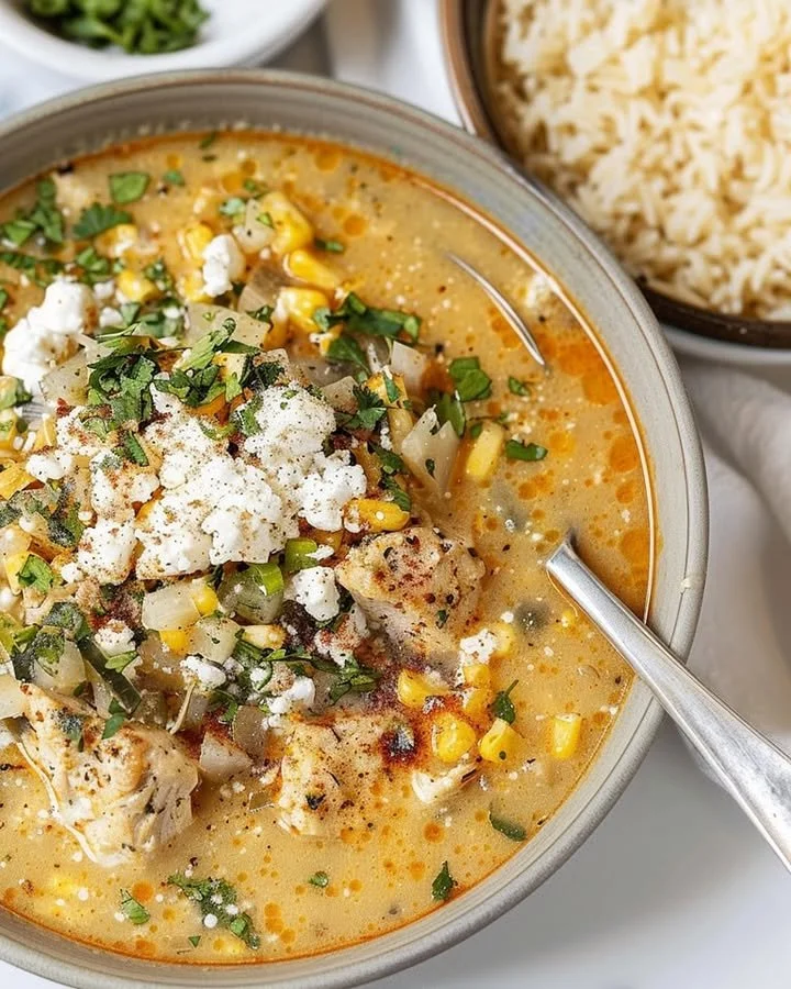 Bowl of creamy Mexican street corn soup topped with fresh cilantro and cheese