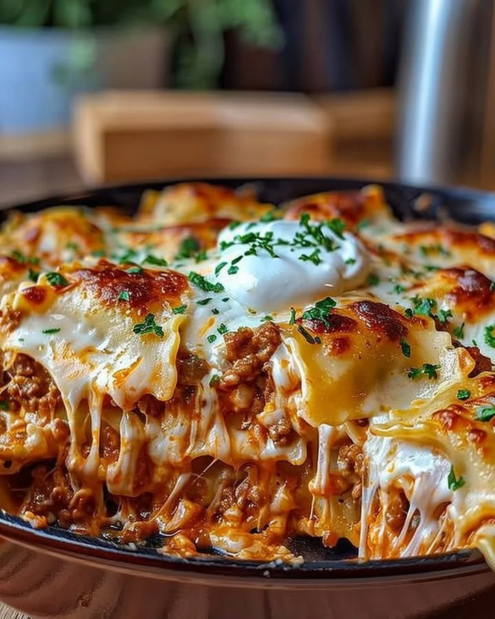 Million Dollar Ravioli Casserole topped with melted cheese and herbs
