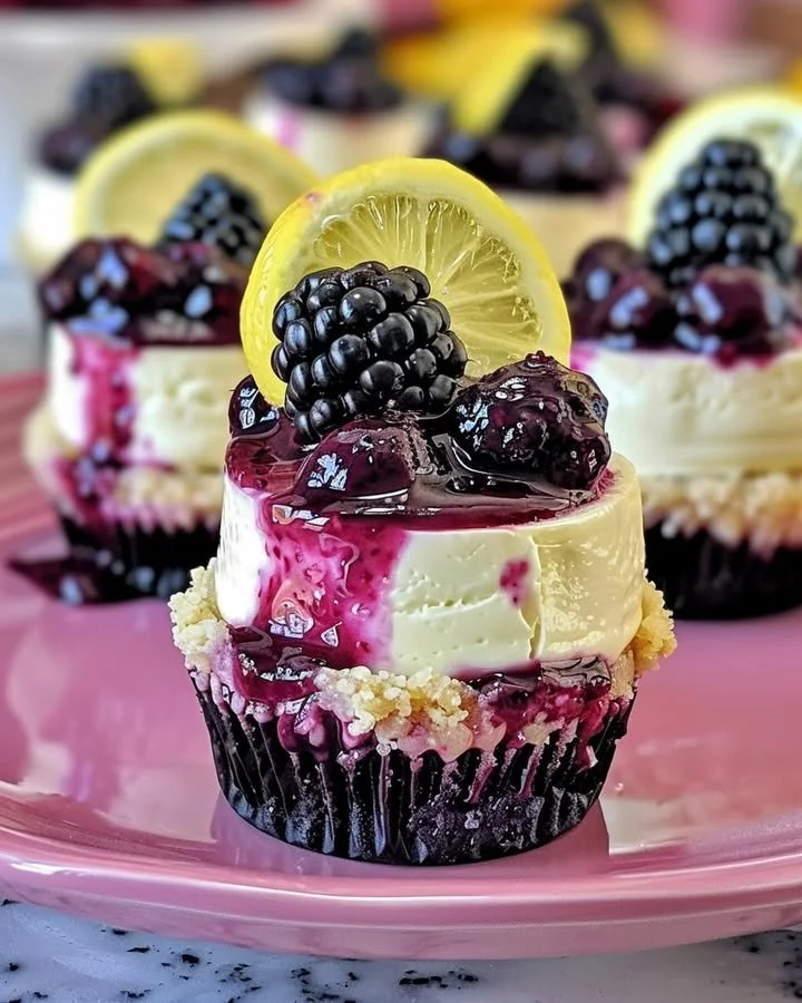 Mini lemon blackberry cheesecakes topped with fresh blackberries