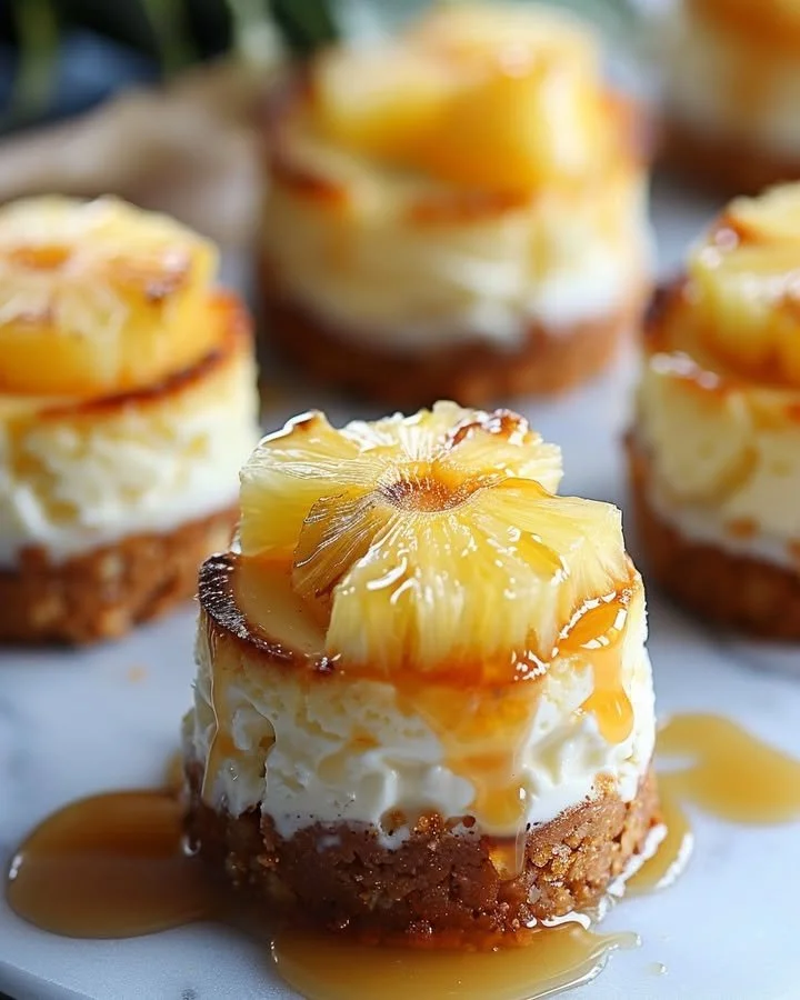 Mini Pineapple Upside-Down Cheesecakes topped with caramelized pineapple and cherries.