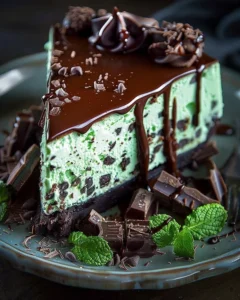 Slice of mint chocolate cheesecake garnished with mint leaves and chocolate shavings