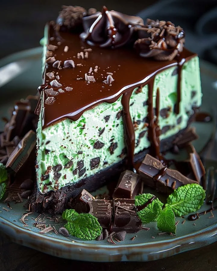 Slice of mint chocolate cheesecake garnished with mint leaves and chocolate shavings