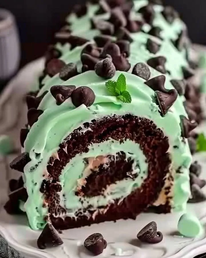 Delicious Mint Chocolate Chip Cake Roll garnished with chocolate chips and mint