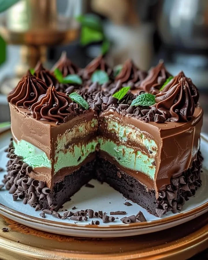 Mint Chocolate Fudge Cheesecake Cake with a mint garnish and chocolate drizzle