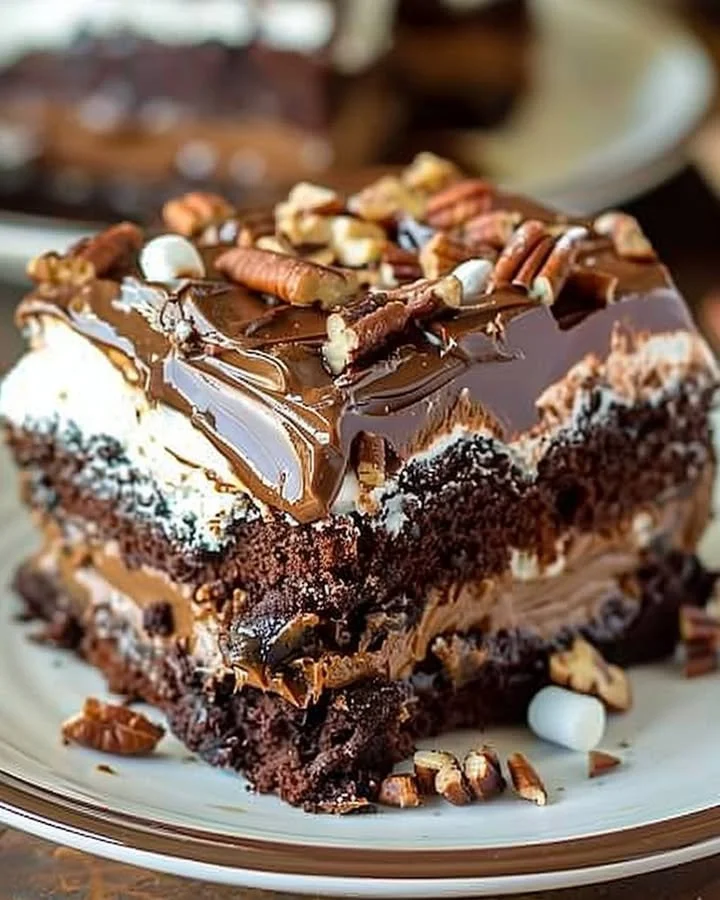Deliciously crafted Mississippi Mud Cake topped with chocolate and nuts
