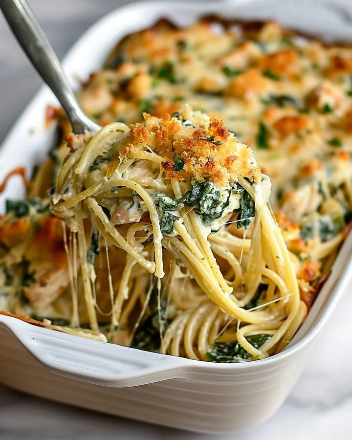 Monterey Chicken Spaghetti Bake topped with melted cheese and herbs