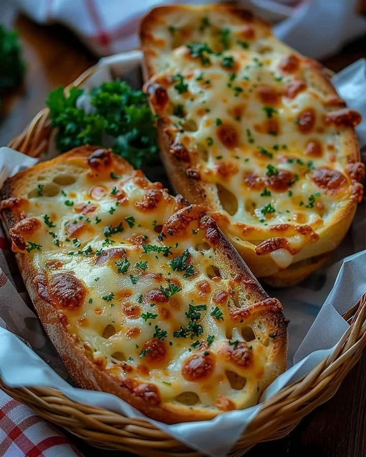 Delicious cheesy garlic bread fresh out of the oven, ready to be served.