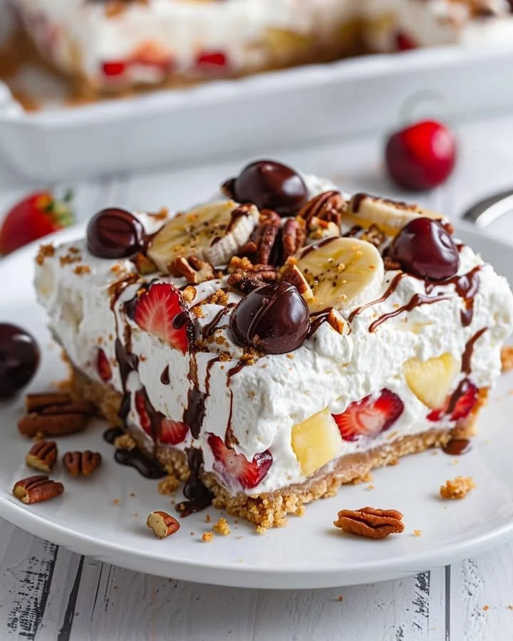 No bake banana split cheesecake bars topped with whipped cream and cherries