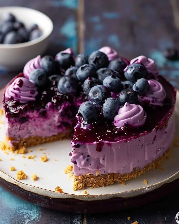 No-bake blueberry cheesecake dessert topped with fresh blueberries