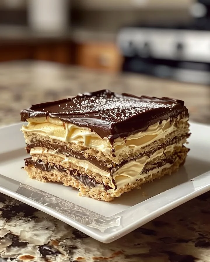 No-bake chocolate eclair cake with creamy layers and chocolate topping