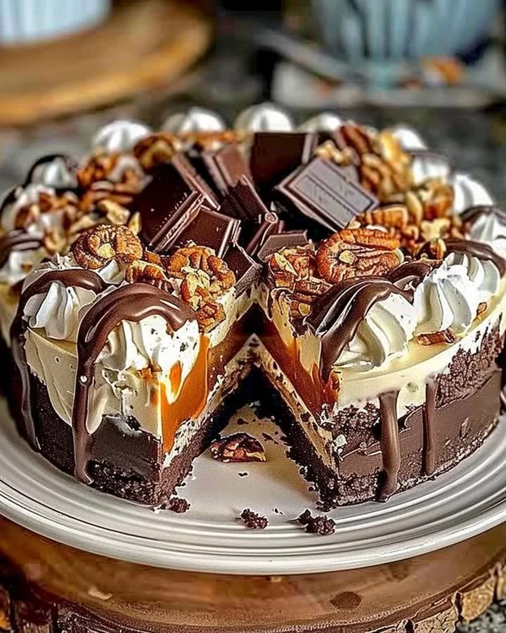 Slice of no-bake German chocolate cheesecake with chocolate and coconut topping