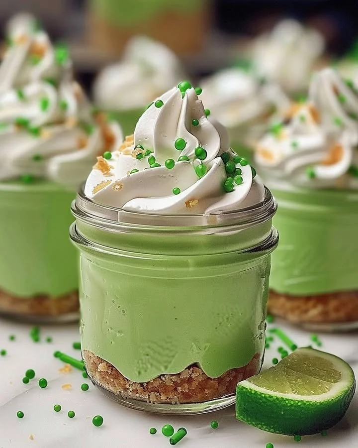 No bake key lime cheesecake in a jar topped with lime slices and whipped cream.