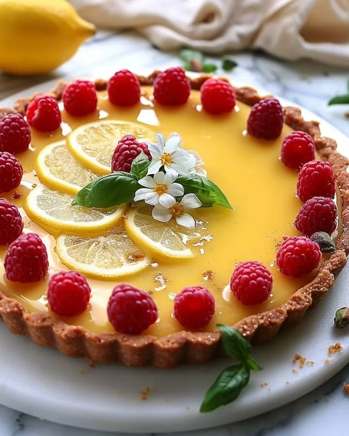 No-bake lemon tart garnished with raspberries and basil