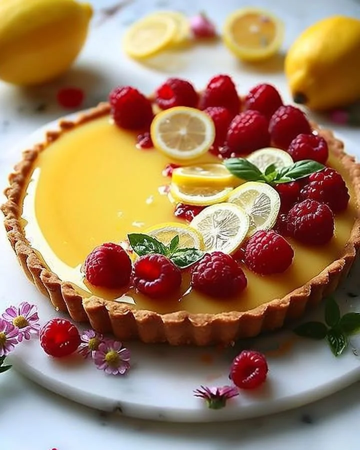 No-bake lemon tart topped with raspberries and basil on a white plate