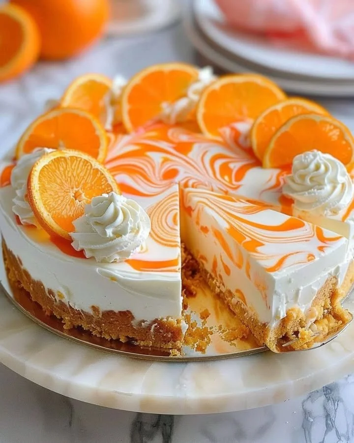 No-bake orange creamsicle cheesecake dessert with orange and cream layers