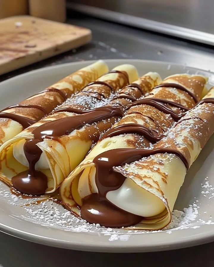 Nutella crepes filled with cream, topped with chocolate sauce and strawberries