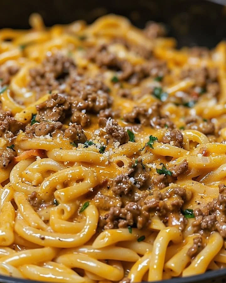 One-Pot Creamy Beef and Garlic Butter Pasta dish ready to serve