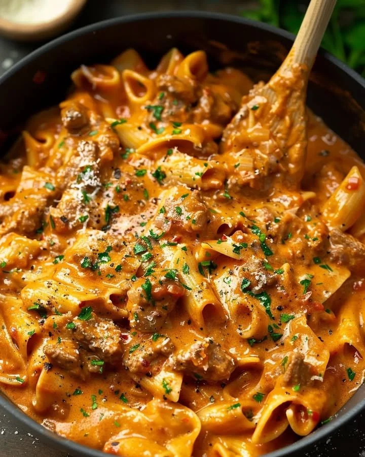 Delicious One Pot Creamy Beef Pasta in a bowl