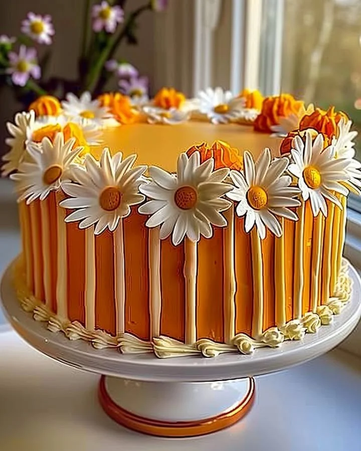 Orange Creamsicle Cake decorated with daisies, showcasing vibrant orange and cream colors.