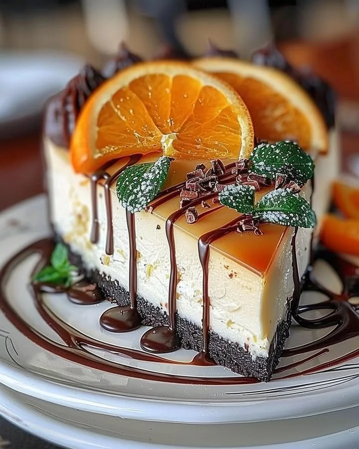 Slice of Orange Mascarpone Cheesecake topped with chocolate drizzles