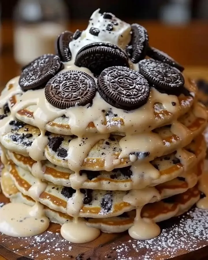 Oreo pancakes topped with cream cheese drizzle on a white plate.