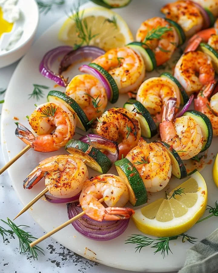 Delicious oven-baked shrimp skewers served on a platter