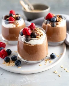 Bowl of overnight Čokolino with fresh berries and a spoon