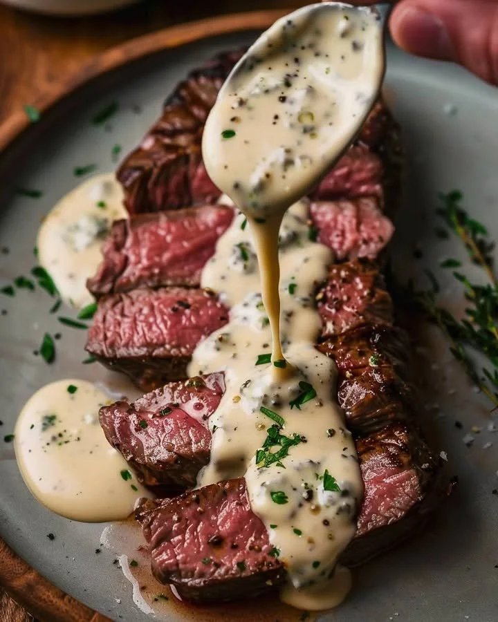 Pan-seared New York Strip Steak with creamy Gorgonzola sauce on a plate