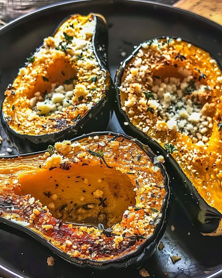 Baked acorn squash topped with Parmesan and herbs, showcasing a delicious fall recipe.