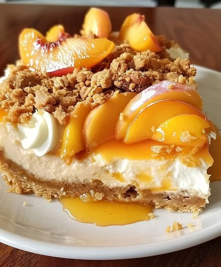 Slice of Peach Cobbler Cheesecake with peach topping on a white plate