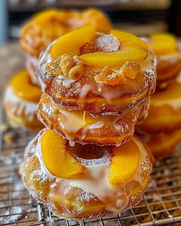 Peach Cobbler Cheesecake Donuts with peach slices and creamy filling