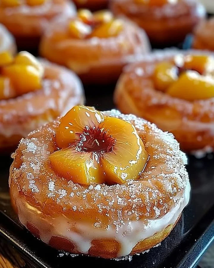 Peach Cobbler Cheesecake Donuts topped with cinnamon and whipped cream.