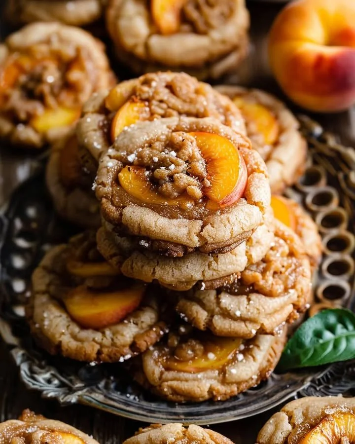 Delicious peach cobbler cookies with a golden brown crust, fresh peaches, and spices.