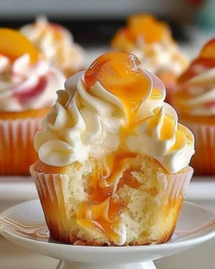 Delicious peach cupcakes with peach frosting on a decorative plate
