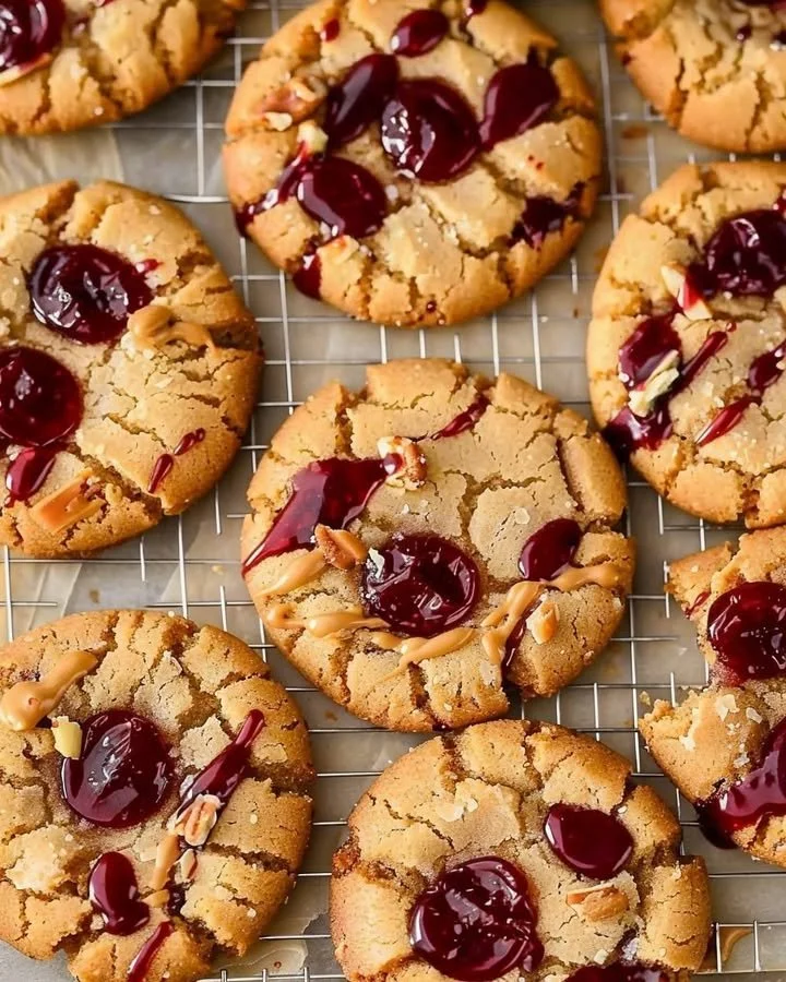 Freshly baked Peanut Butter and Jelly Cookies on a plate.
