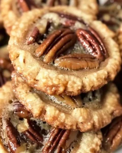 Pecan pie cookies topped with chopped pecans on a wooden table