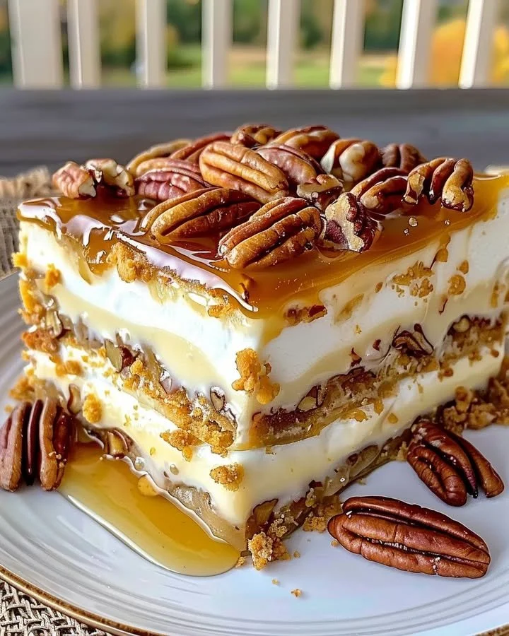 Pecan Pie Lasagna layered dessert with pecans and creamy filling
