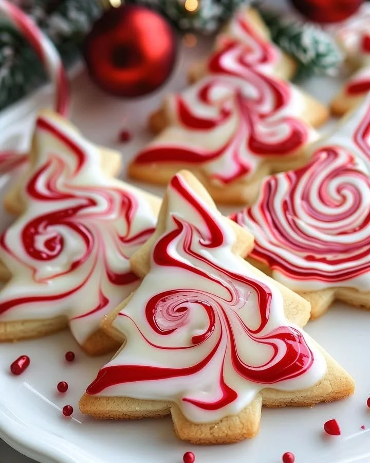 Peppermint red and white swirl tree cookies stacked on a festive plate.