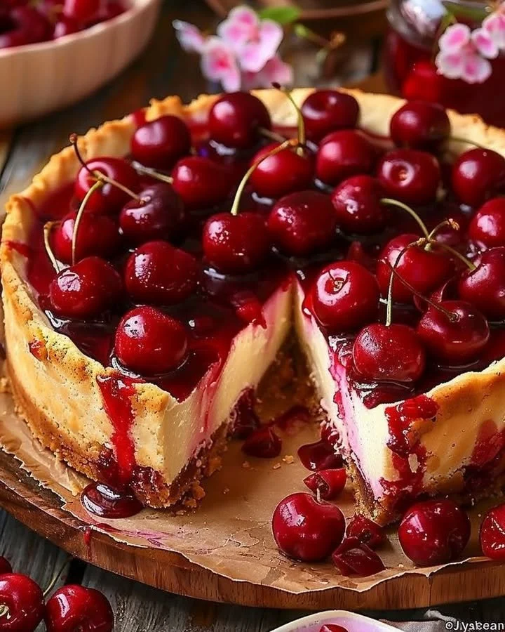 Delicious slice of Philadelphia Cherry Cheesecake with cherry topping