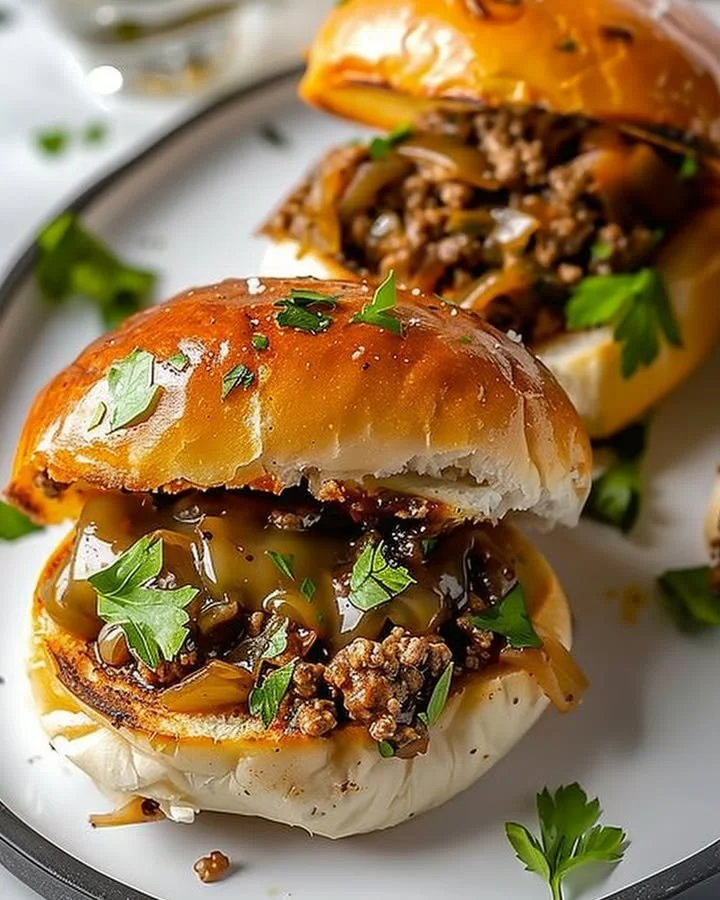 Philly Cheesesteak Sloppy Joes served in a bun with toppings